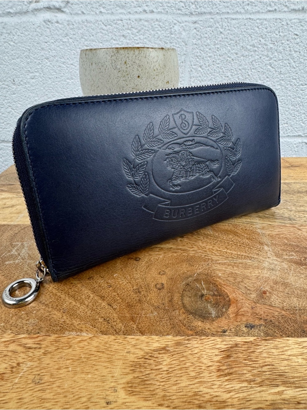 Burberry Navy Blue Leather Crest Embossed Zip Around Continental Wallet Italy